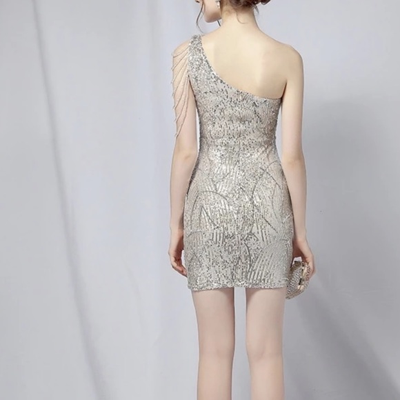 NWT One Shoulder Sequins Nude Dress - Picture 6 of 10